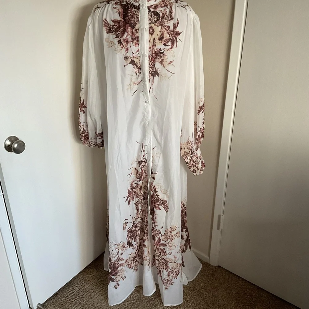 Itoo Italy Floral Maxi Shirt Dress Sheer Long Sleeve Belted Size Large - Picture 4 of 11
